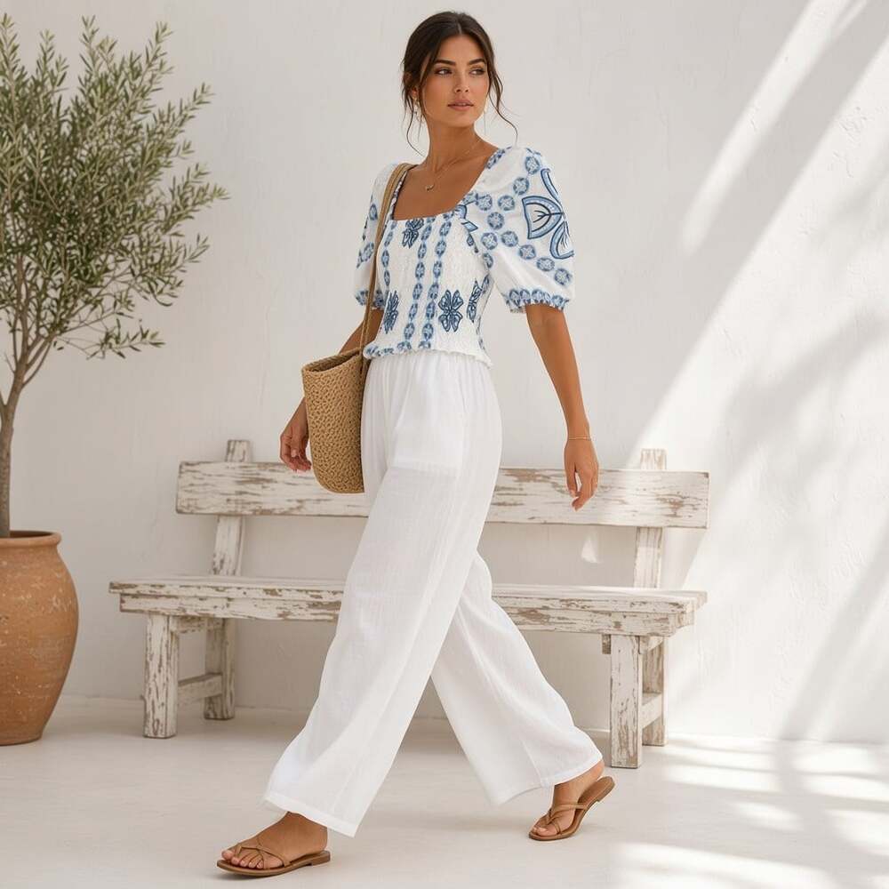 Kasia Greek Folk Embroidery Balloon Sleeve Smocked Crop Top White Blue Boho S